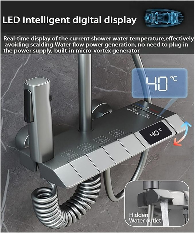 دوش حمام پیانویی مدرن با نمایشگر دیجیتال دما، طراحی لوکس و کنترل لمسی هوشمند