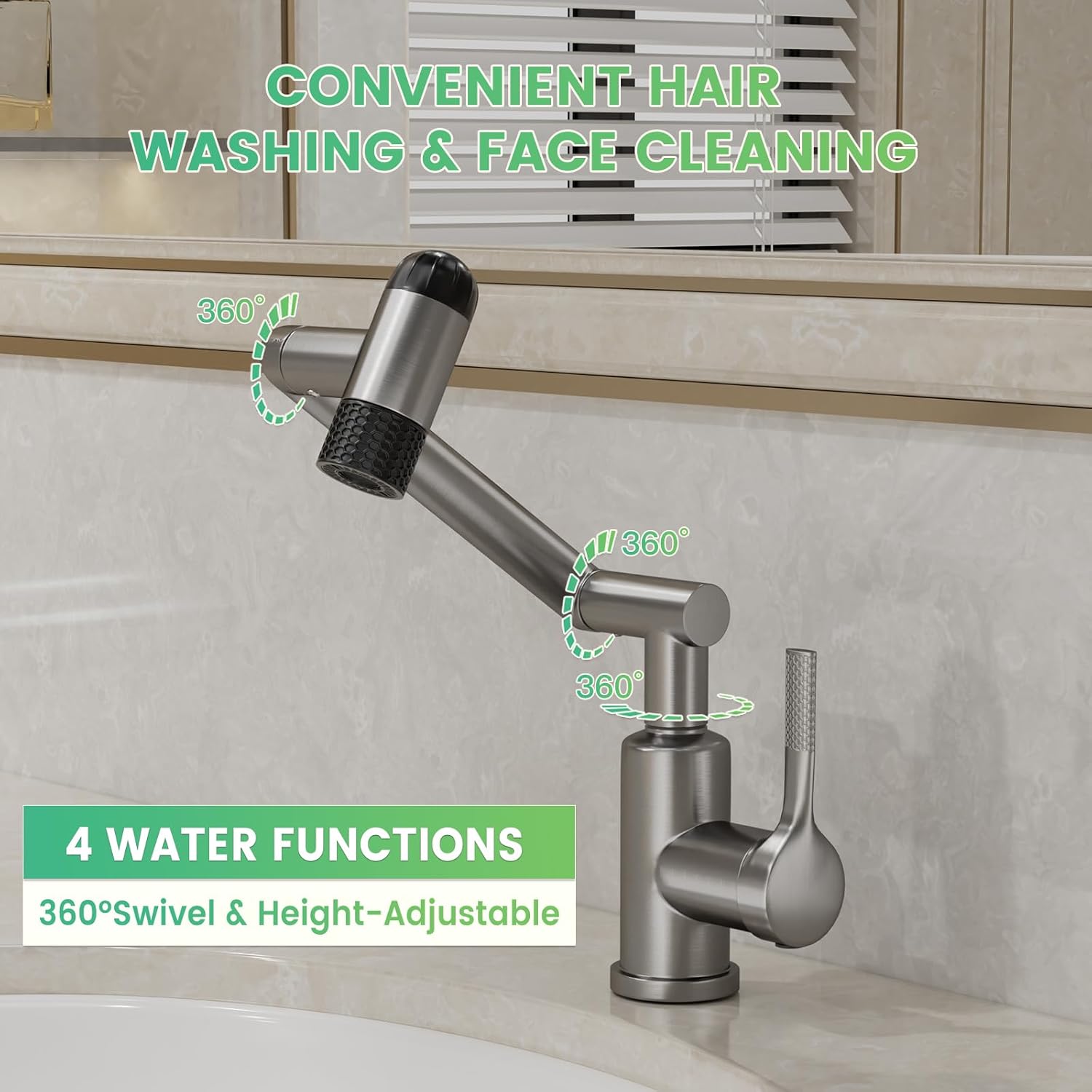 شیر روشویی 360 درجه Huadiao رنگ دودی با 6 حالت پاشش آب