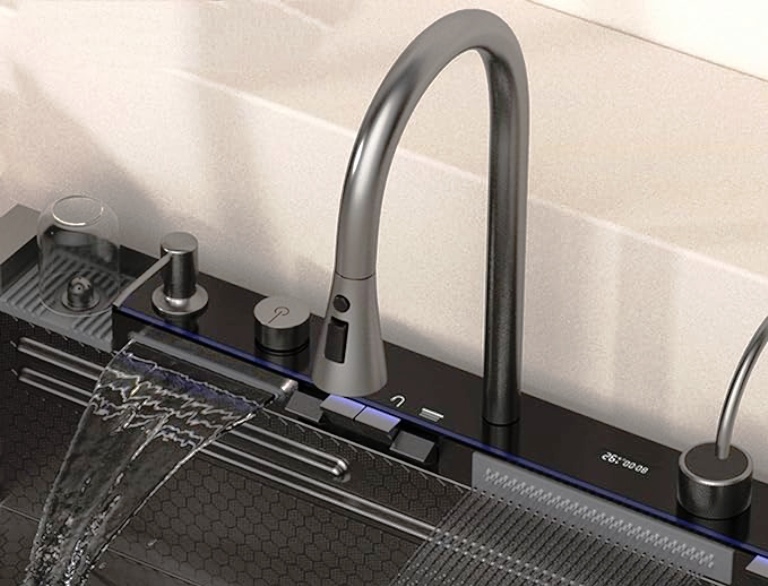 تصویر کامل سینک پیانویی گرید A++ با خروجی آبشاری و فیلتر