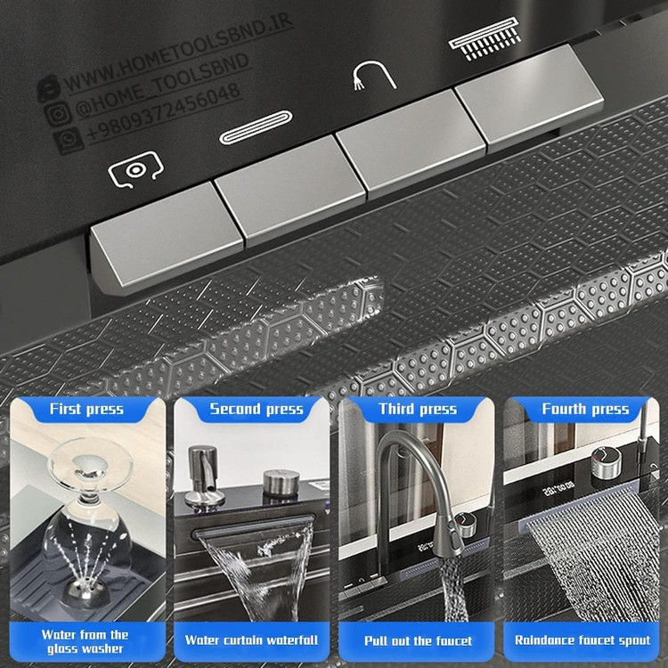 alt: خروجی آب آبشاری LED و صفحهنمایش دیجیتال روی سینک